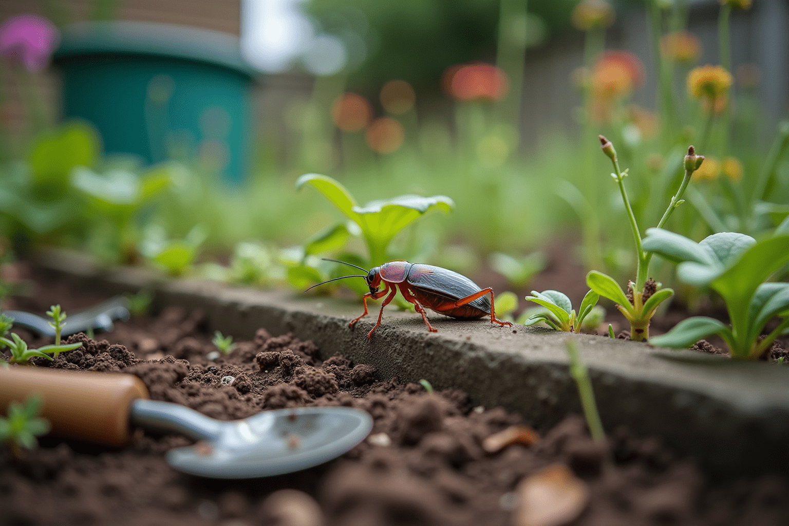 Cockroach in a garden environment, showing its habitat and potential for disease transmission.