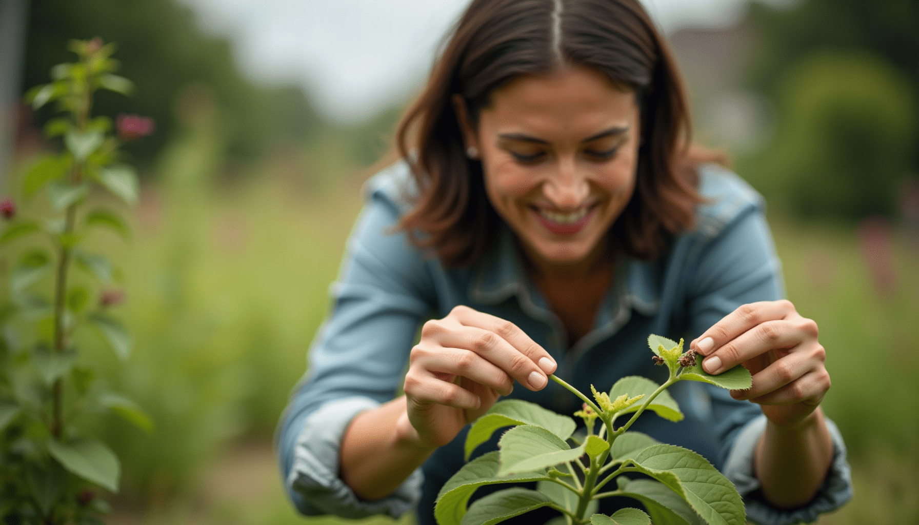 Person inspecting plants for cockroaches, focusing on practical pest control measures.