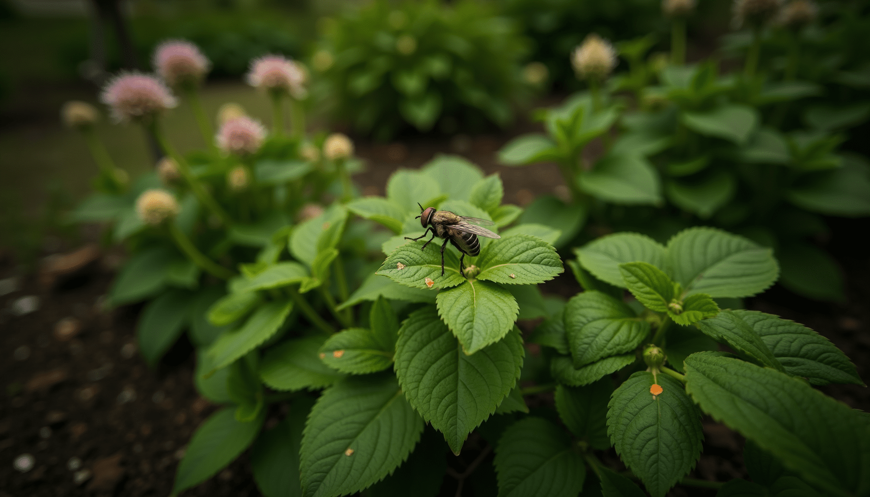 Garden scene showing plants and signs of fly activity in a natural setting.