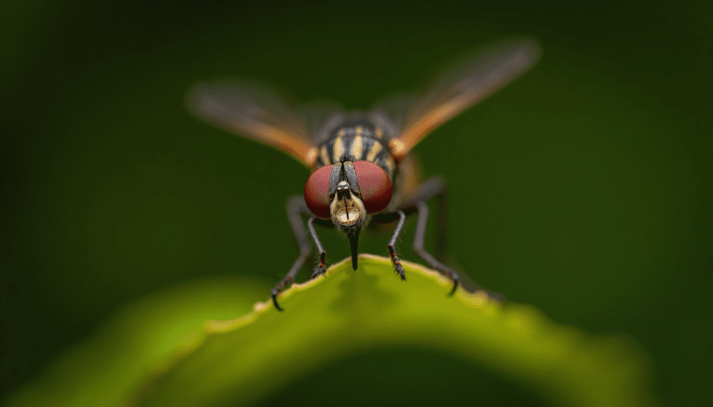 Close-up of a horsefly on a leaf, showcasing its intricate details and natural colors.