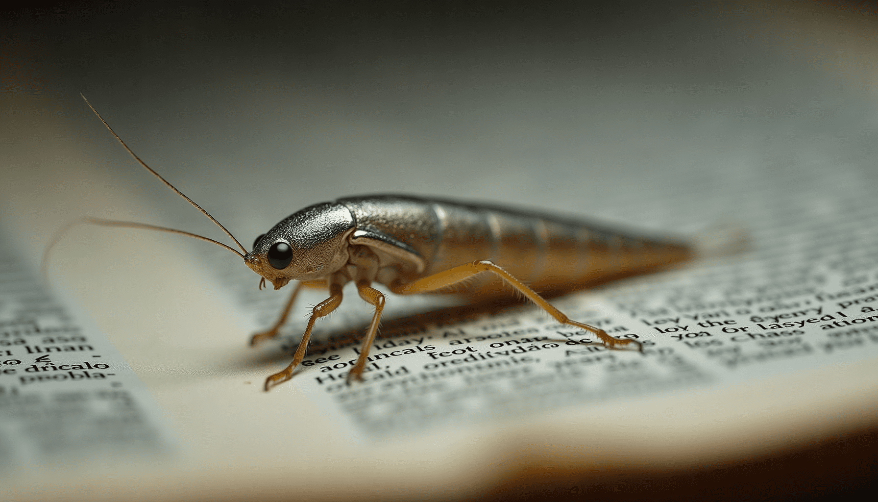 Detailed macro shot of a shimmering silverfish on an old book page, highlighting its scales and antennae. Are silverfish harmful?
