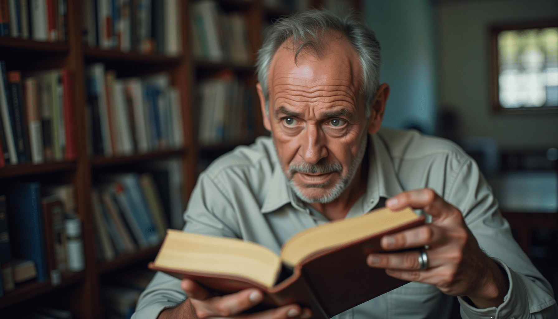 Person carefully inspecting an old book for silverfish damage, showing concern about potential silverfish dangers or a silverfish bite.