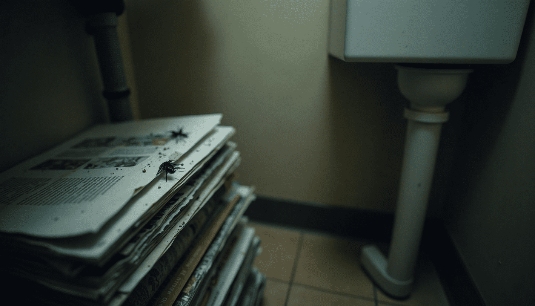 Medium shot of a damp bathroom corner with old magazines, showing a potential silverfish habitat and subtle damage. Are silverfish harmful?