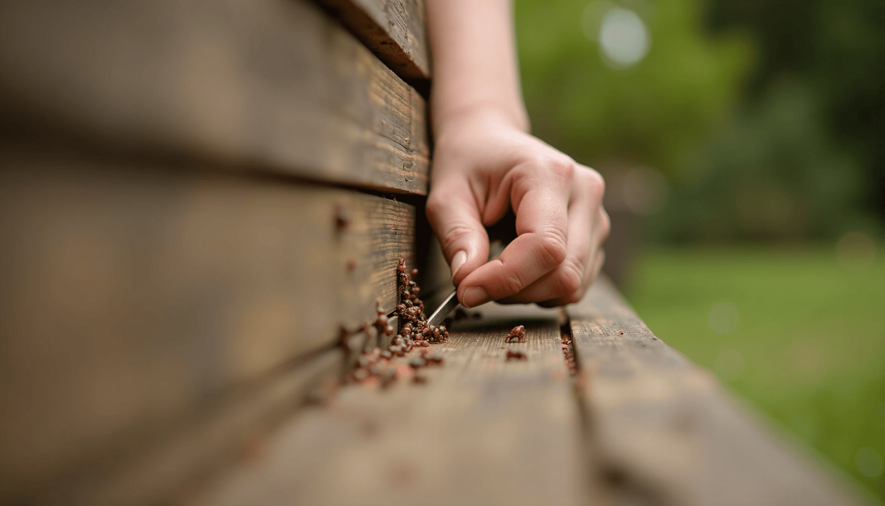 Person inspecting wooden structure for termite damage in a garden.