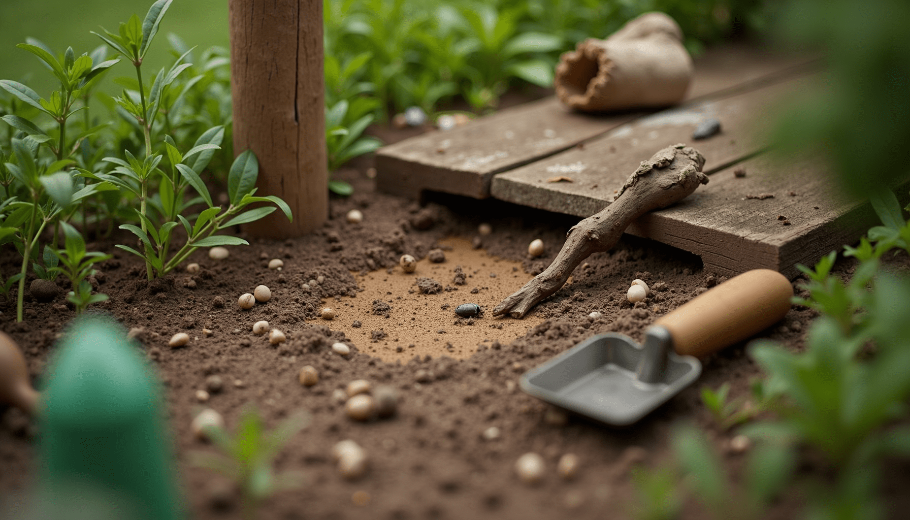 Garden scene with signs of termite damage on wooden structures.