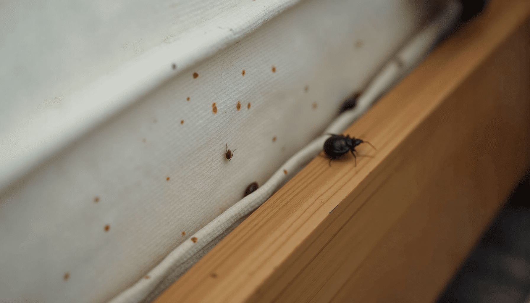 Medium-wide shot of a mattress seam revealing small reddish-brown fecal spots and shed skins, key signs of bed bug identification.