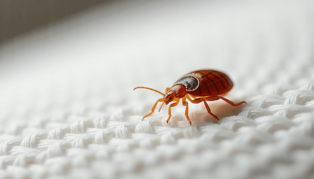 Macro close-up of a reddish-brown adult bed bug on a white mattress seam, showcasing detailed identification features.