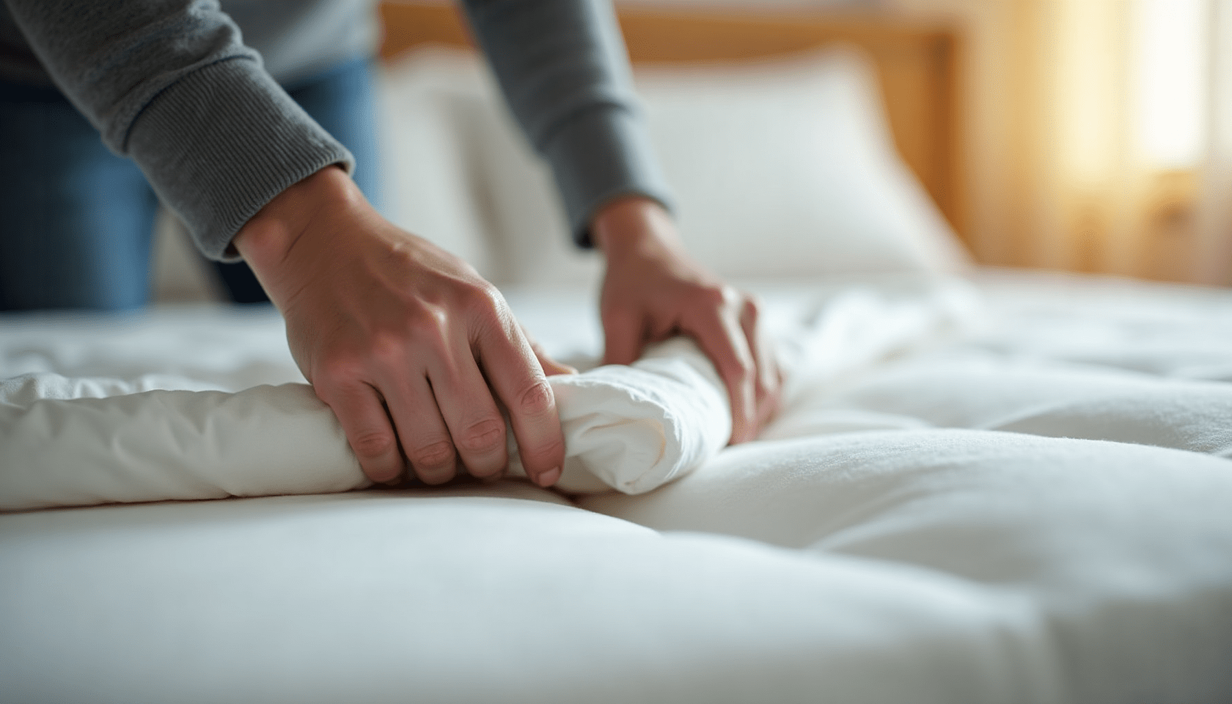 A person's hands carefully pulling back a bed sheet to inspect a mattress seam for signs of dust mites vs bed bugs.