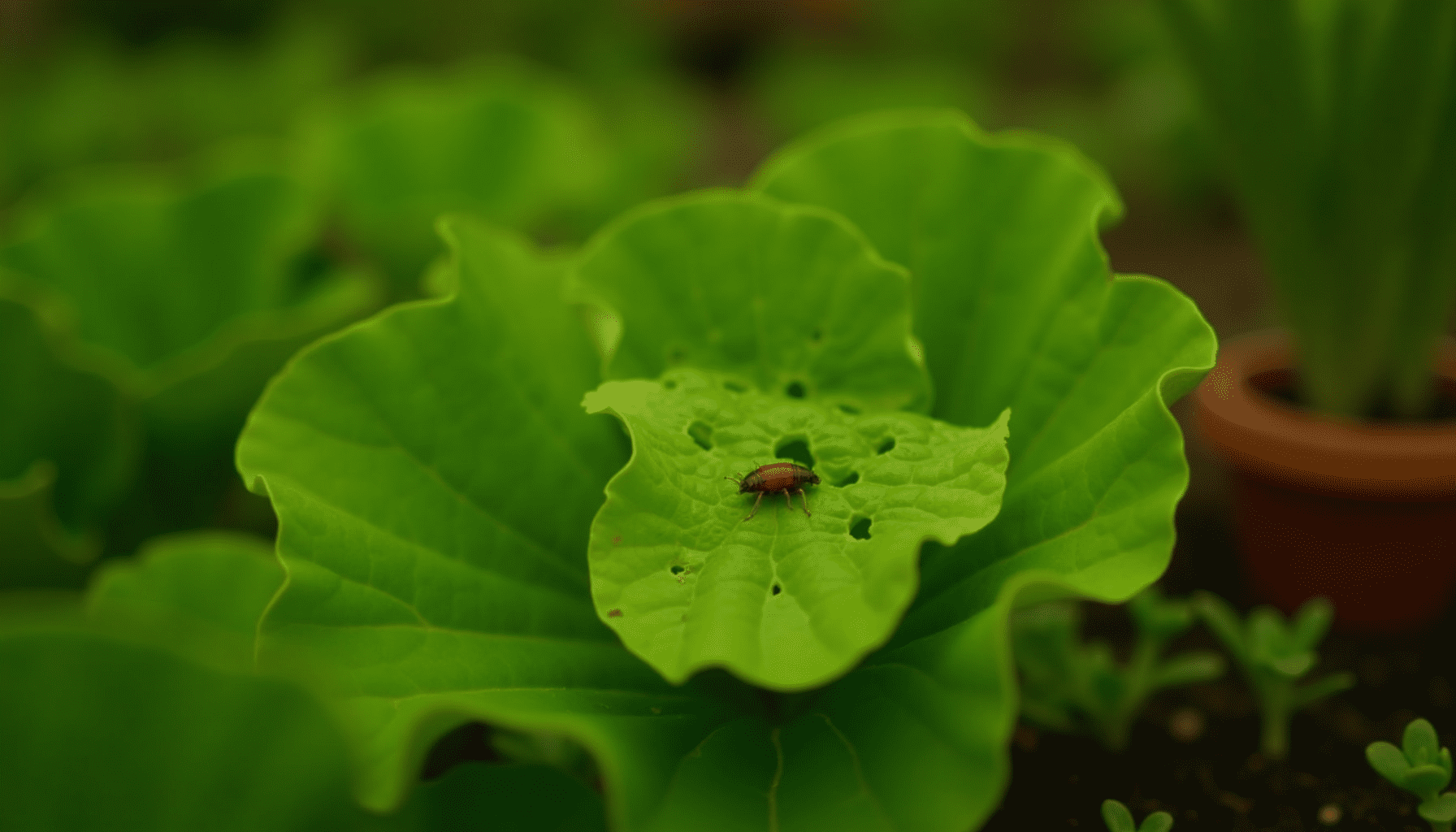 Medium-wide shot of a garden bed with a lettuce leaf showing irregular holes, indicating earwig damage in a natural setting.