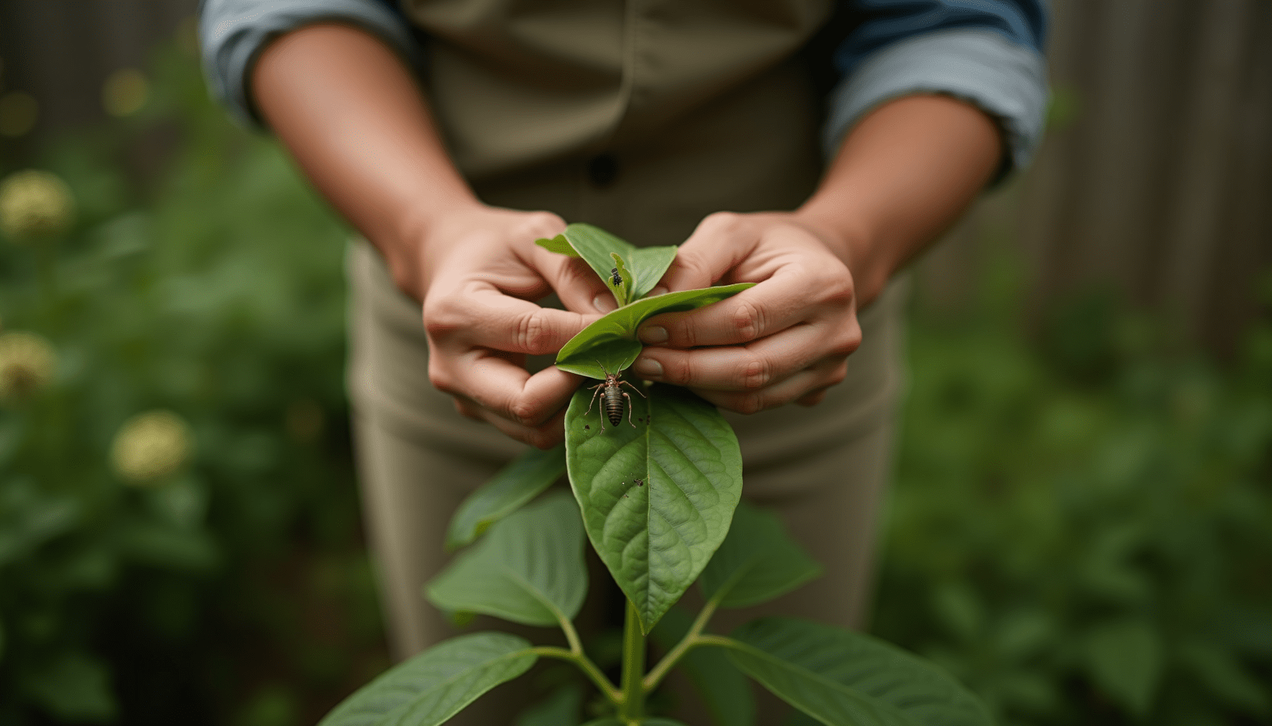 Person's hands gently inspecting the underside of a garden plant leaf, observing for earwigs or other insects.