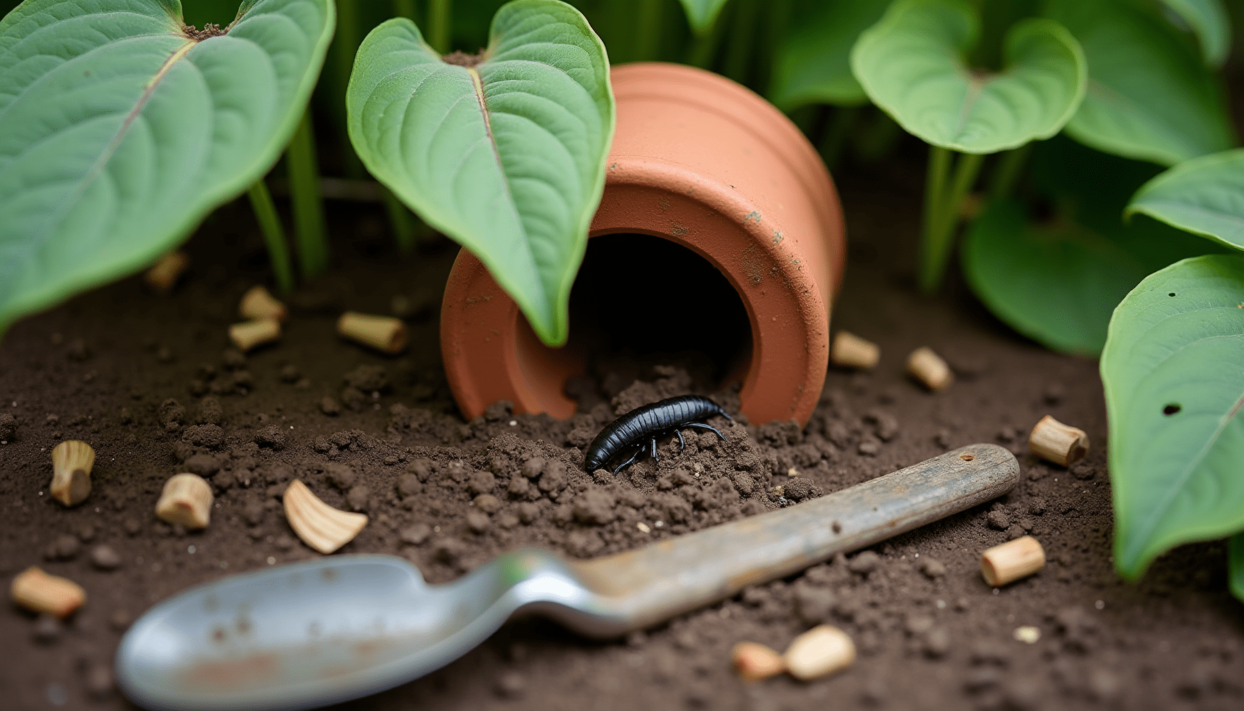 Garden scene showing an earwig's habitat under a terracotta pot, with damaged hosta leaves, illustrating earwig facts.