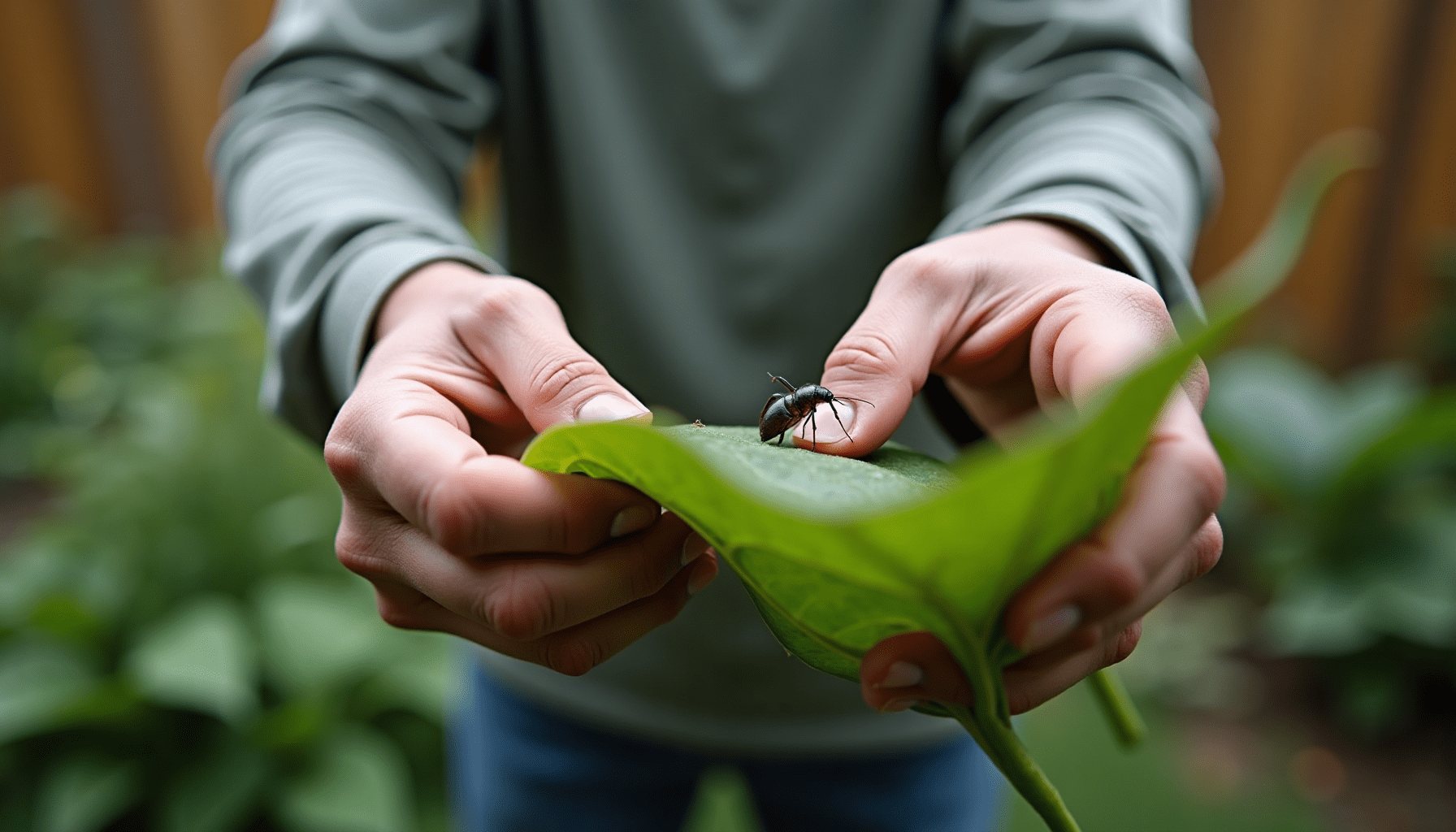 Person's hands gently observing an earwig on a garden leaf, exploring insect ear myths and earwig facts.