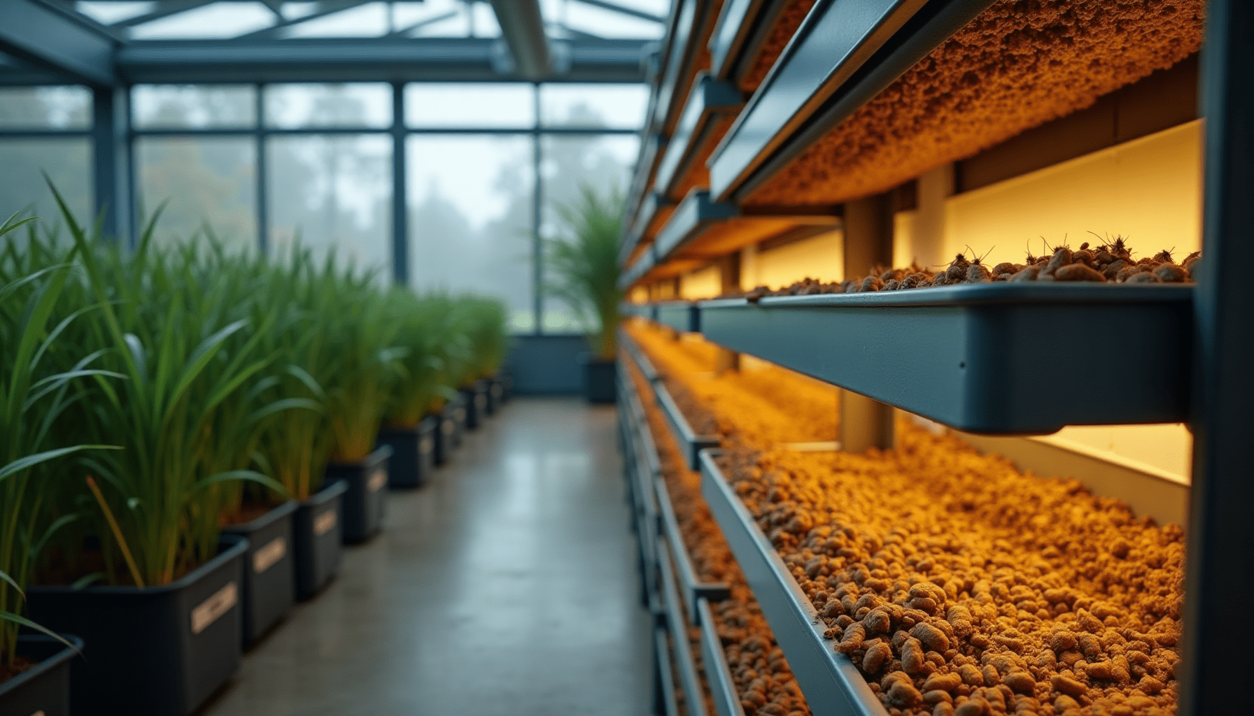 An indoor cricket farm with vertical containers, showing a sustainable habitat for insect protein production.