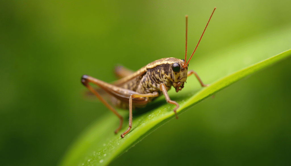 A stunning macro photo of a house cricket on a green leaf, showcasing intricate details and natural beauty, emphasizing edible crickets.