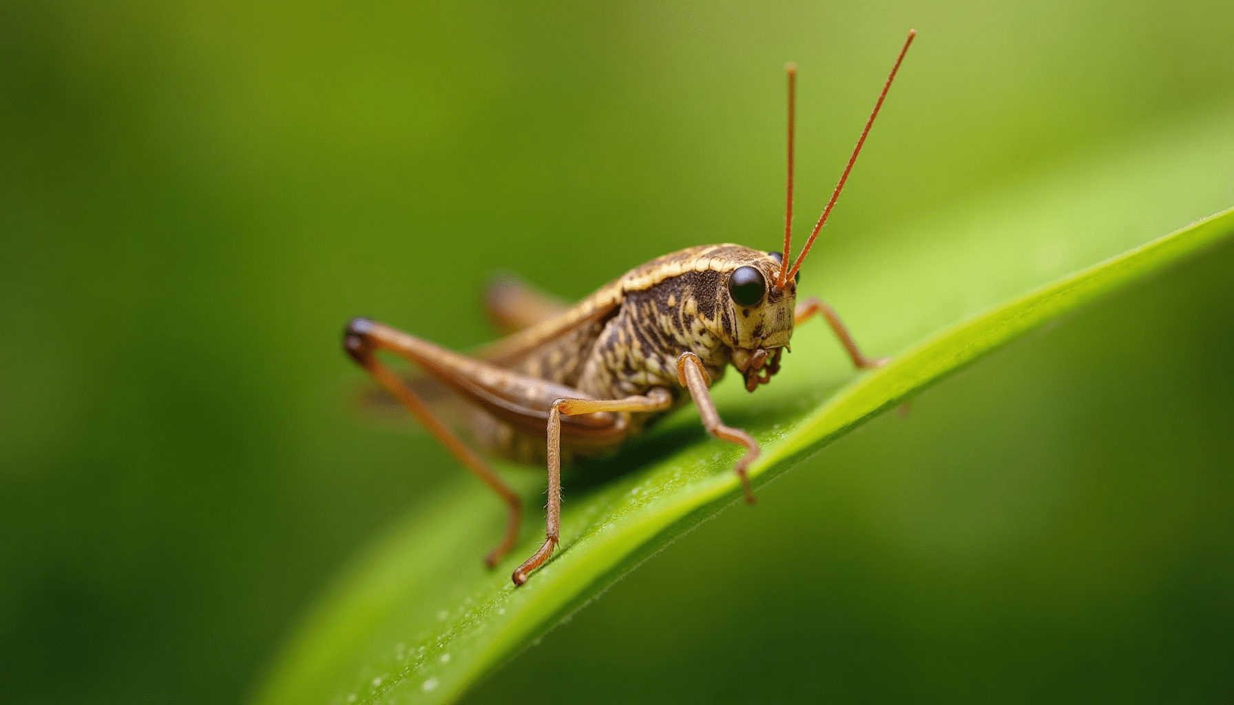 A stunning macro photo of a house cricket on a green leaf, showcasing intricate details and natural beauty, emphasizing edible crickets.