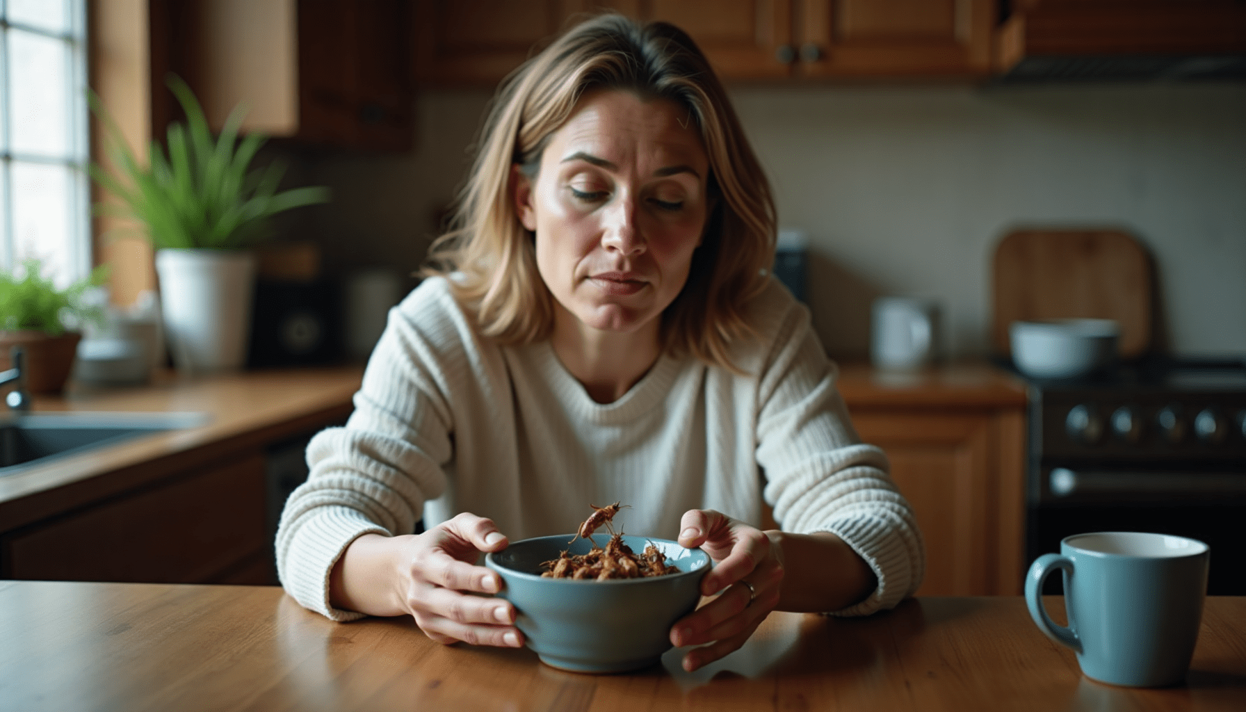 A person holding a bowl of roasted edible crickets, showcasing cricket nutrition and potential cricket recipes.