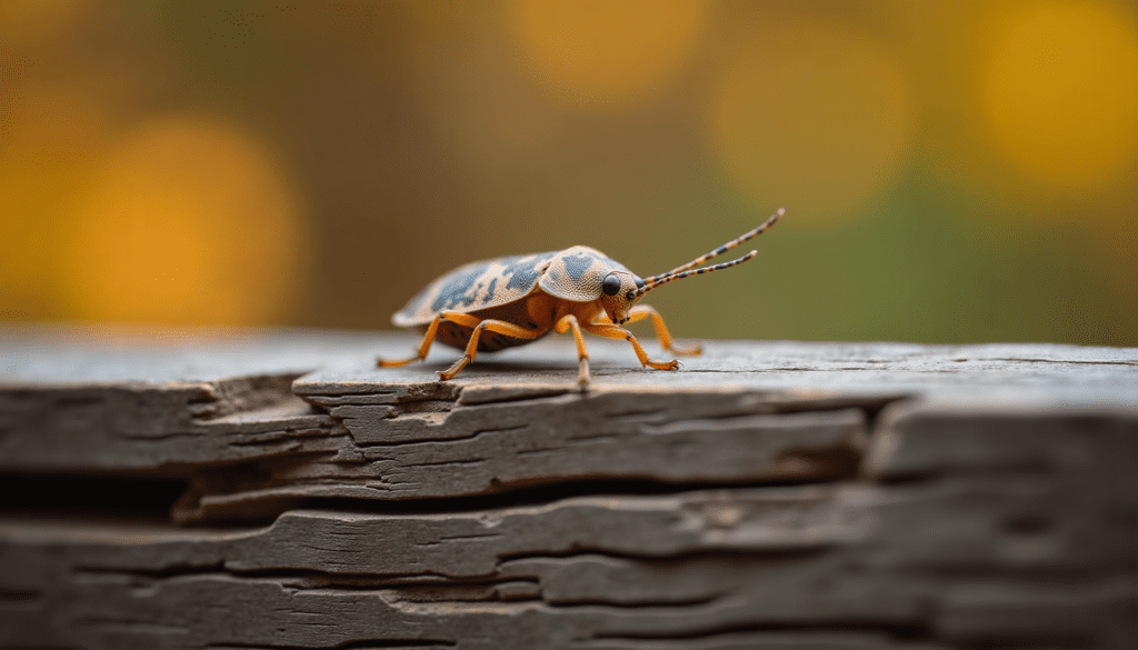 Close-up macro shot of a brown marmorated stink bug on a weathered wooden window frame, highlighting fall pest proofing.