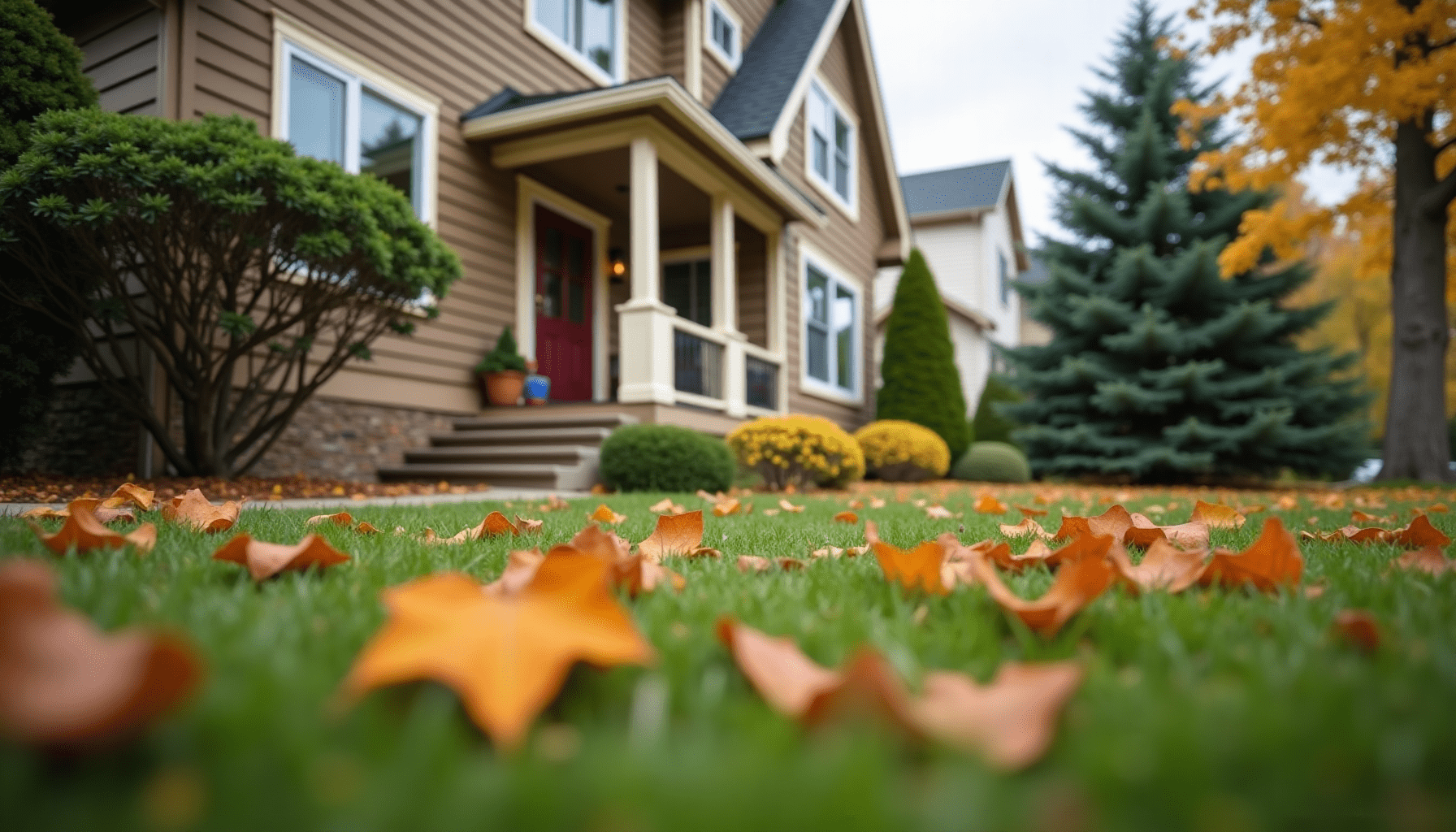 Exterior shot of a suburban home in autumn, showing fallen leaves and a small crack in the foundation, for home pest prevention.