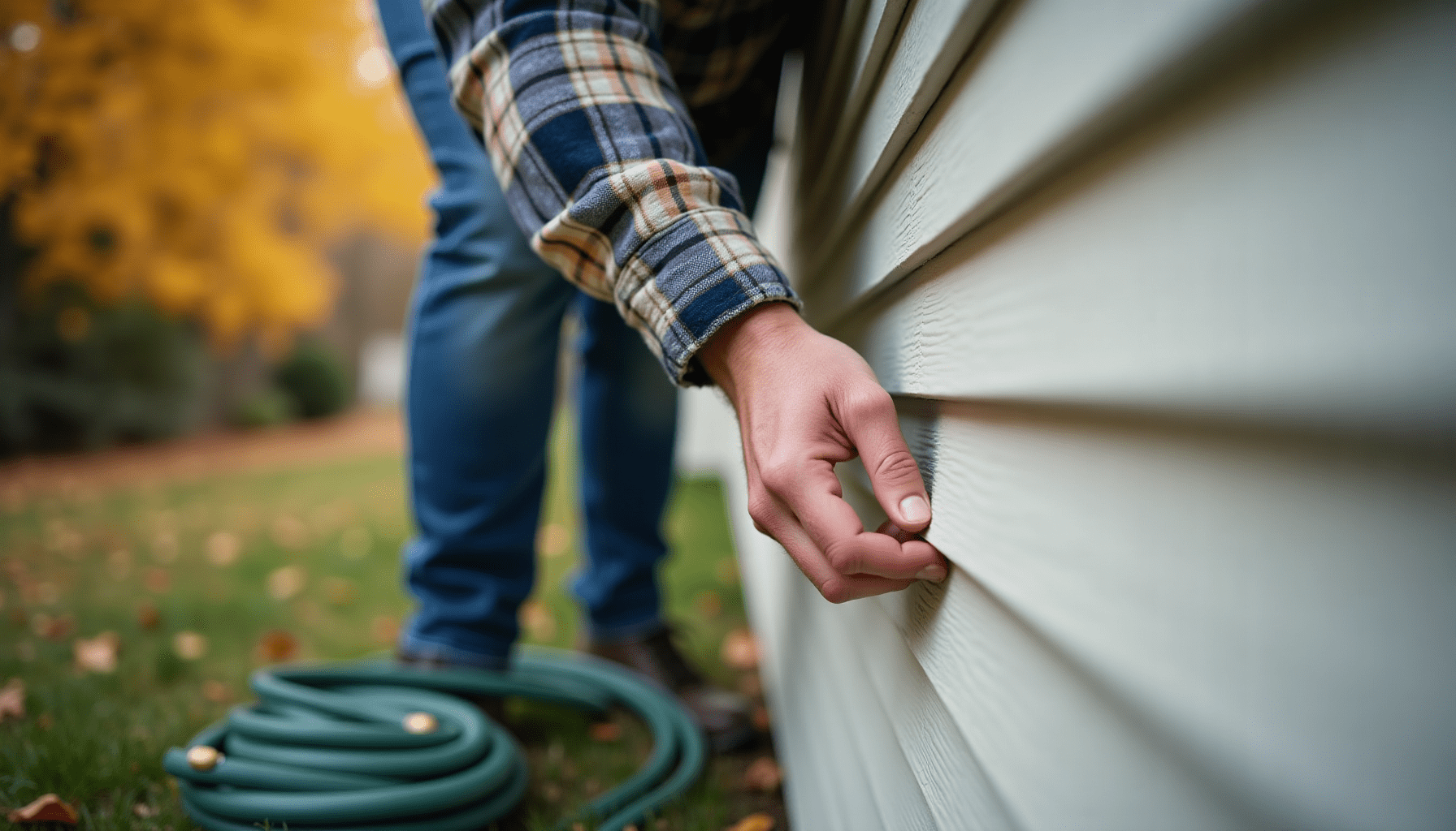 A person in casual clothing inspecting the exterior of their home for gaps and cracks, demonstrating fall pest proofing steps.