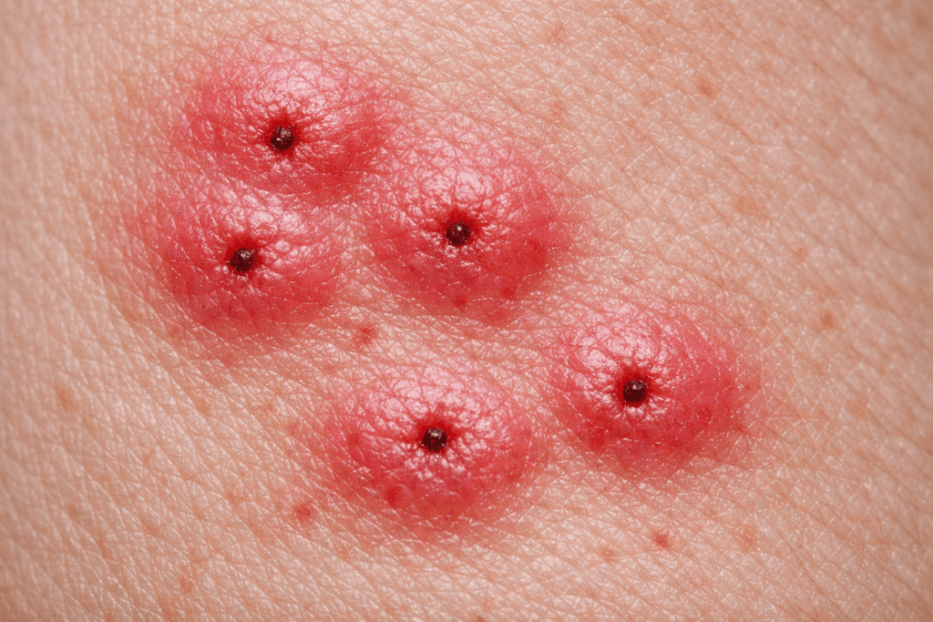 Macro close-up showing flea bite clusters on human skin with red welts and inflammation patterns