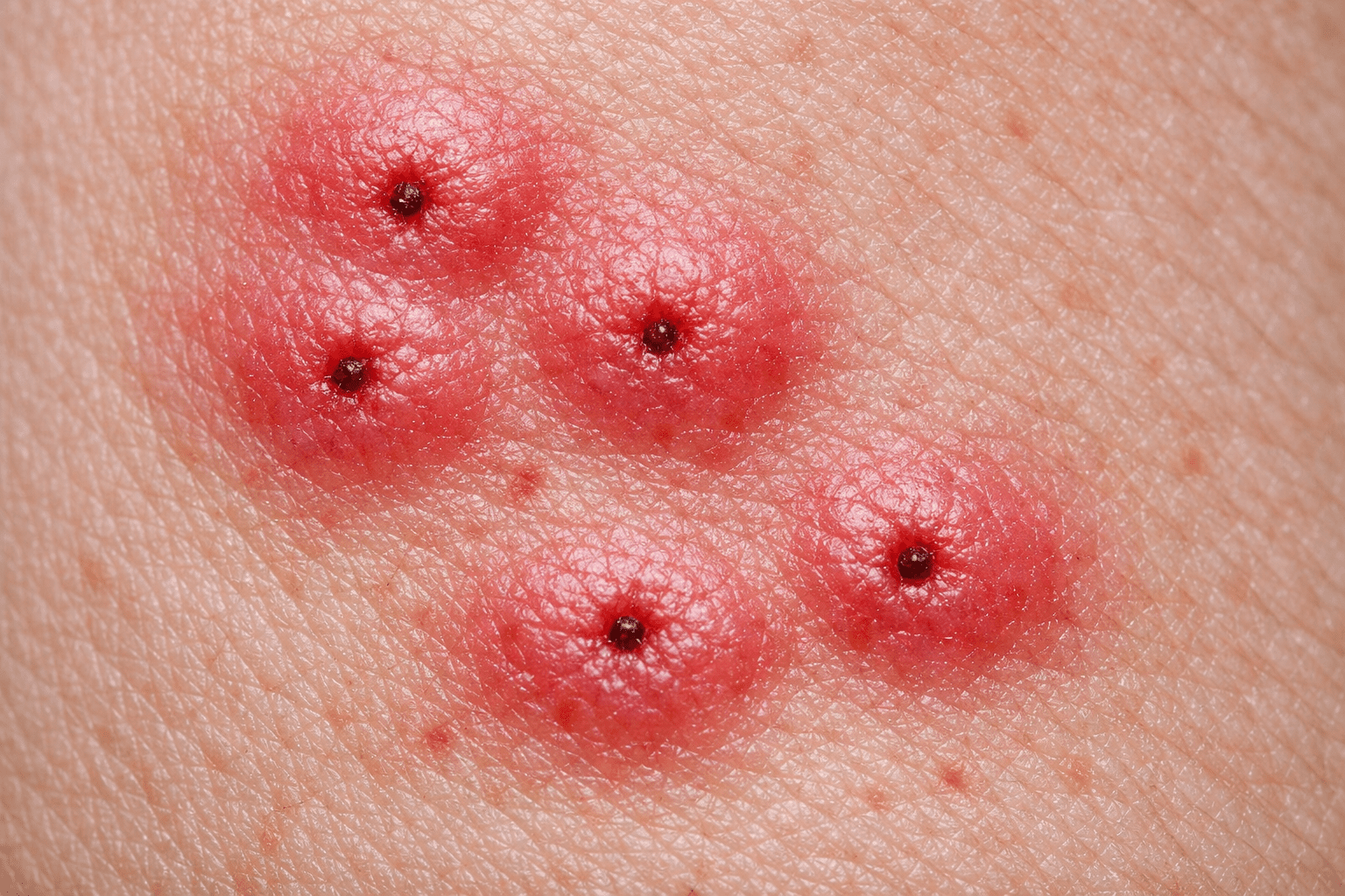 Macro close-up showing flea bite clusters on human skin with red welts and inflammation patterns