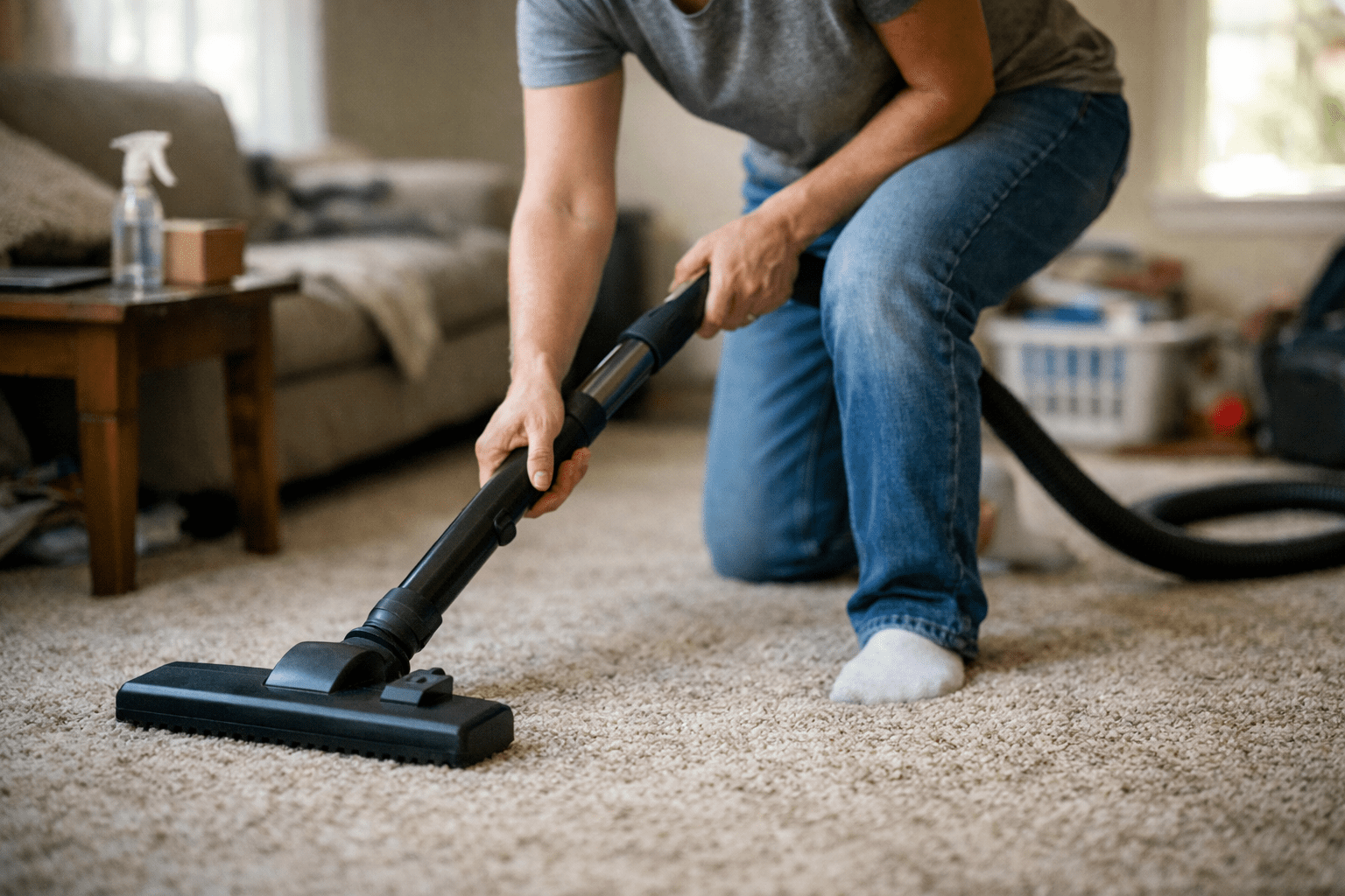 Person vacuuming carpet as part of practical flea elimination and pest control strategy