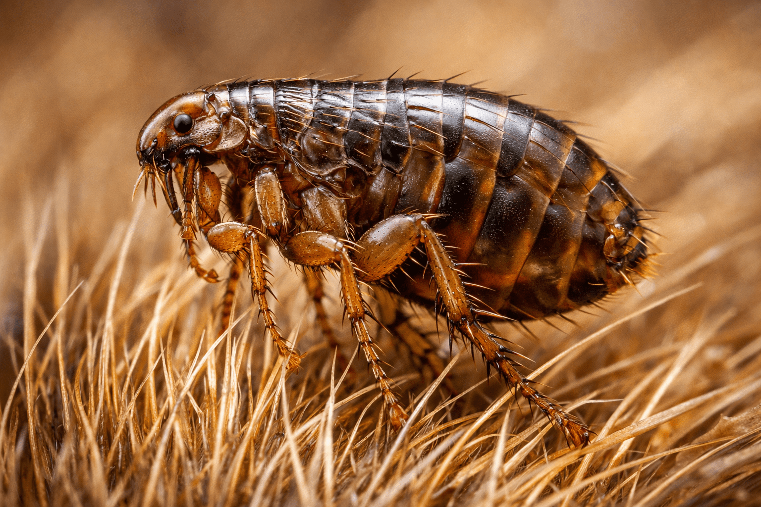 Detailed macro photograph of a flea on pet fur showing body structure and legs clearly