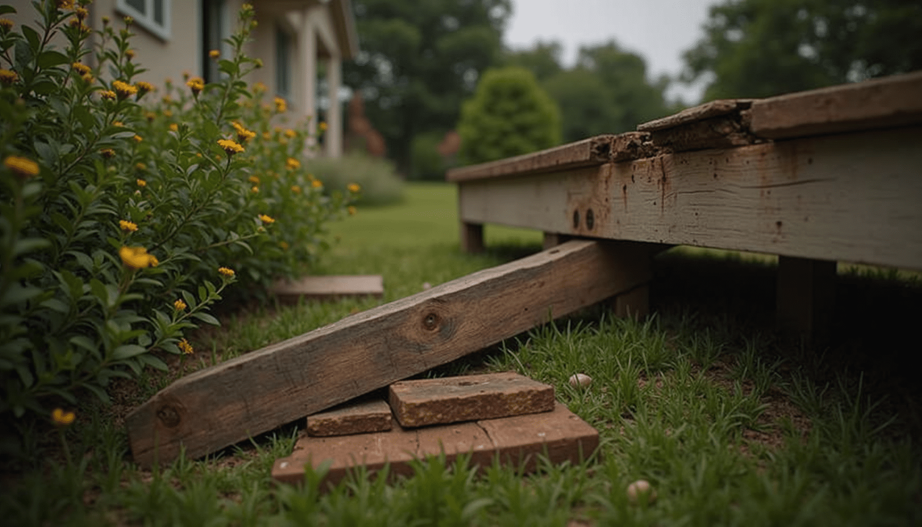 Garden scene with signs of Formosan termite damage on wooden structures.