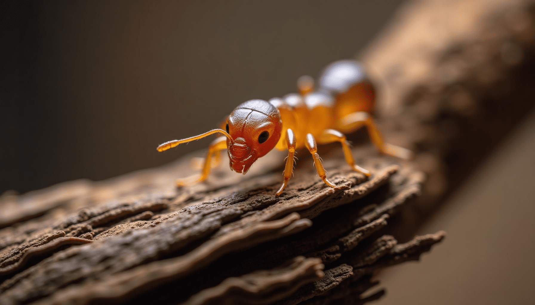 Close-up of a Formosan termite on decaying wood, highlighting its detailed features.
