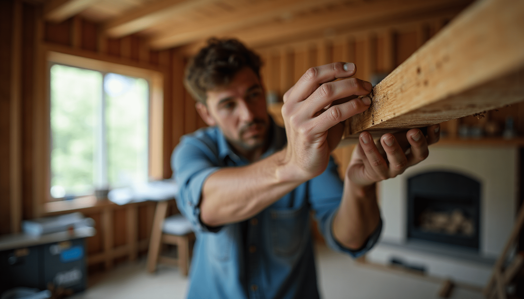 Person inspecting wooden beam for signs of Formosan termites in a realistic setting.