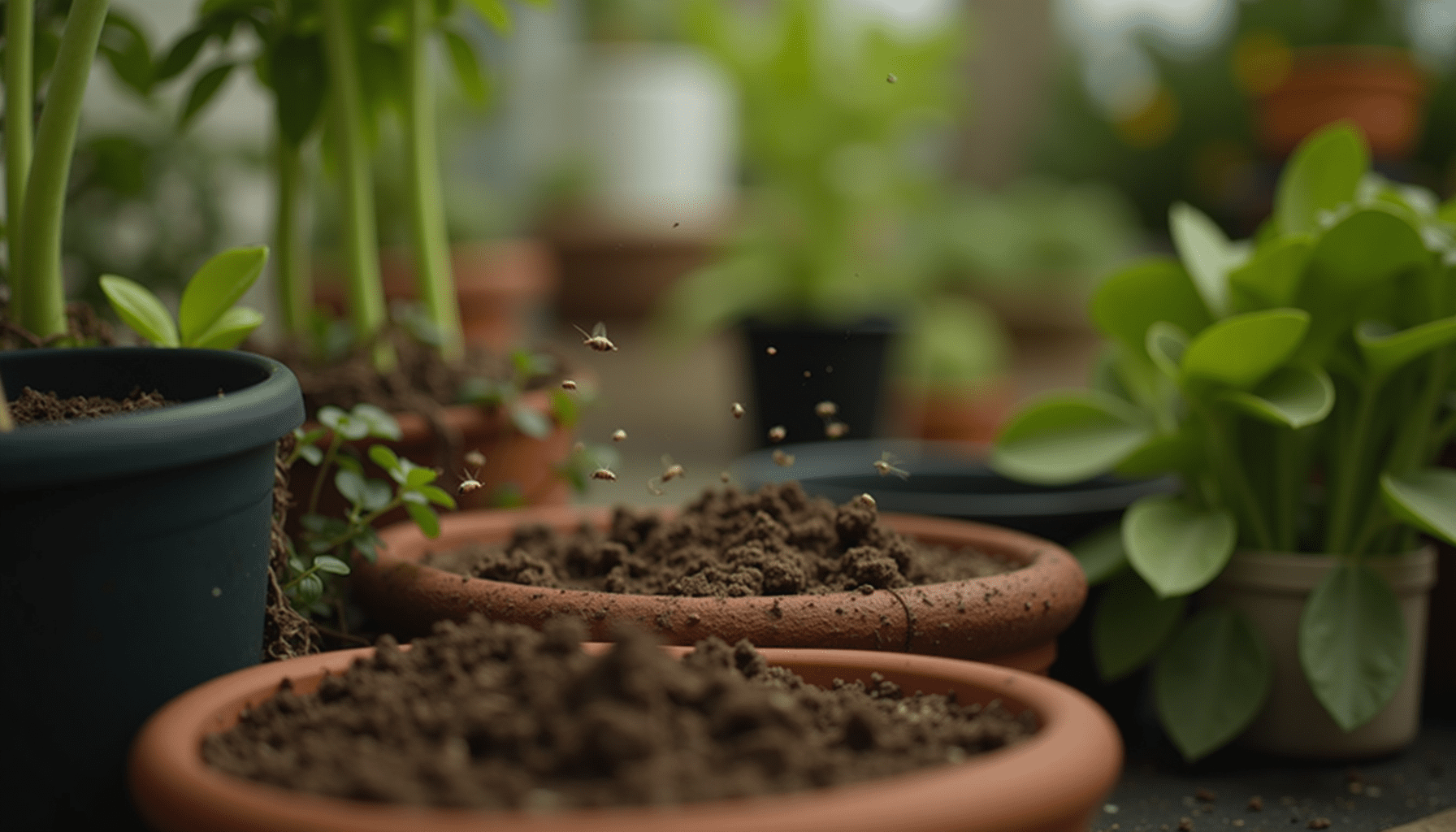 Garden scene showing gnats hovering over damp soil, illustrating their typical habitat.
