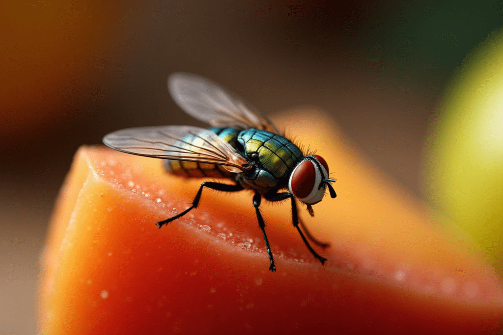 Close-up of a fruit fly on ripe fruit, showcasing details to help identify the insect.