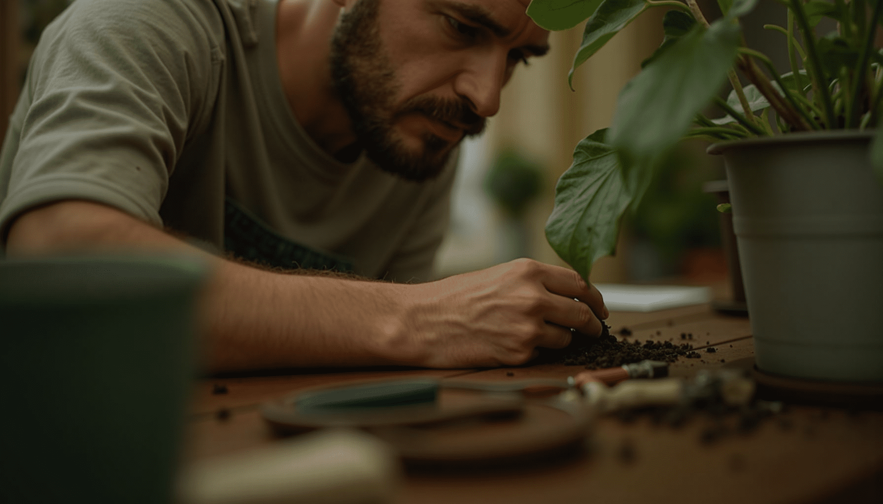 Person inspecting a houseplant for gnats, demonstrating practical insect identification.