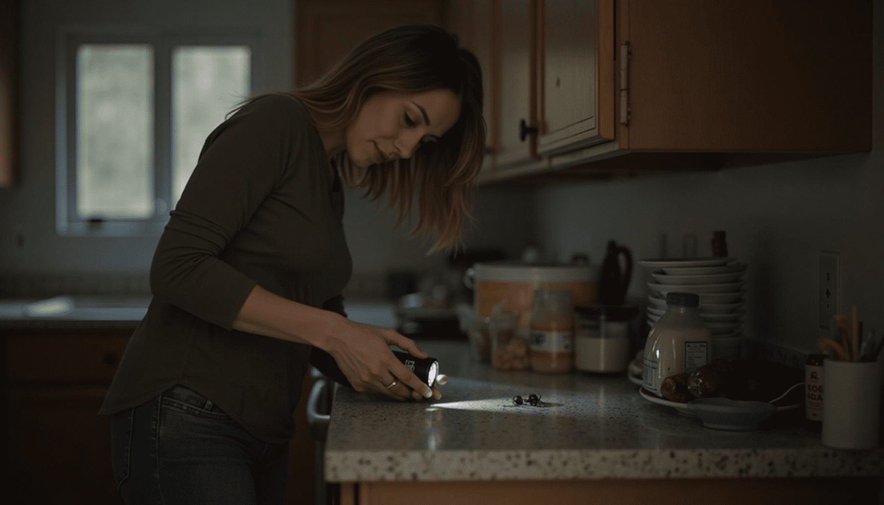 Person inspecting kitchen for cockroaches, demonstrating pest control in a realistic setting.