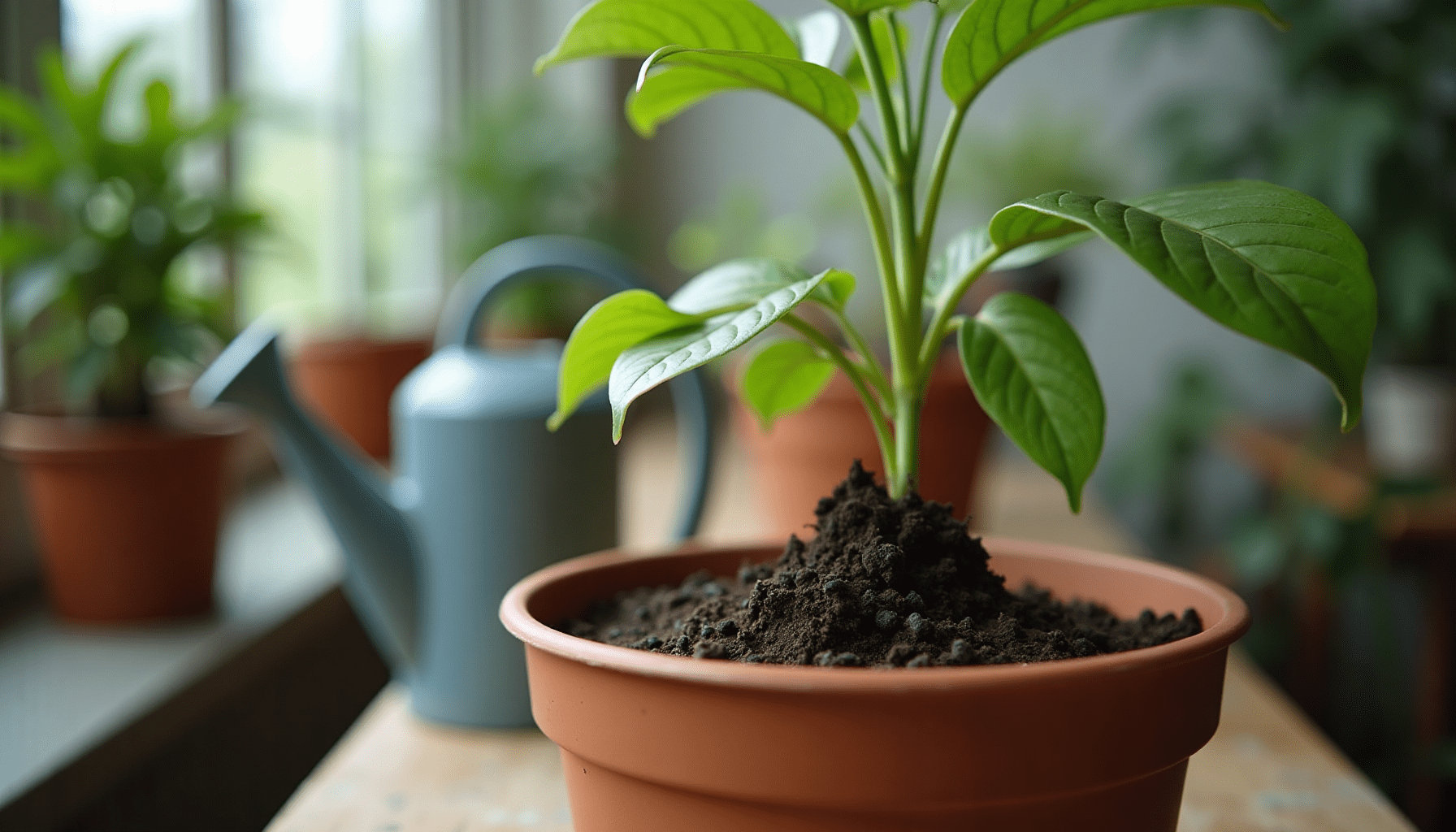 Indoor scene showing a houseplant affected by fungus gnats with gardening tools nearby.