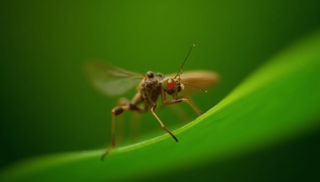 Close-up of a fungus gnat on a leaf, highlighting its details and natural habitat.
