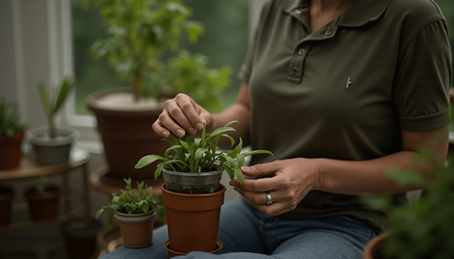 Person inspecting a houseplant for fungus gnats in a casual indoor gardening setting.