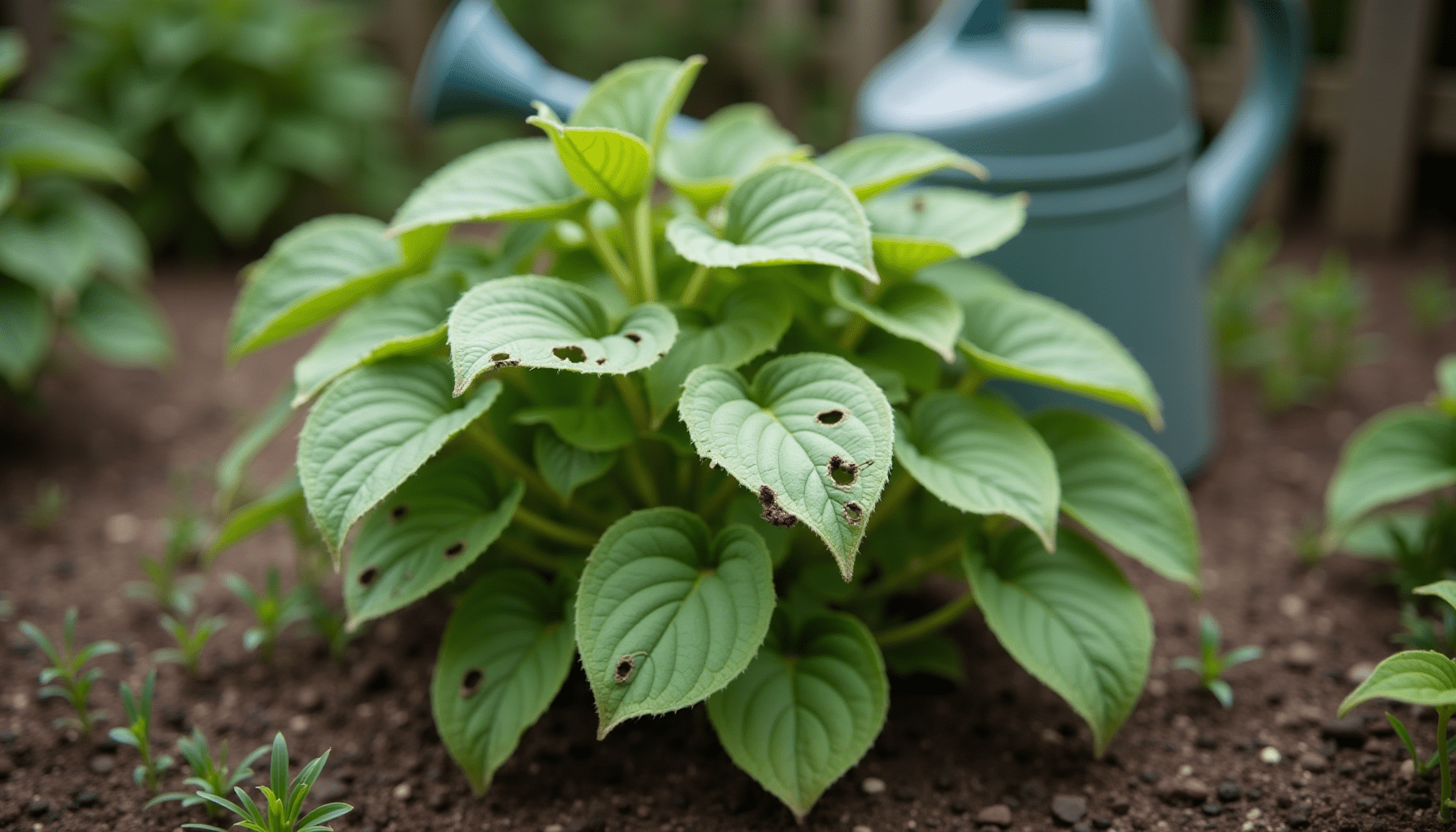 A garden scene showing plants with visible grasshopper damage on leaves, illustrating a common pest problem.