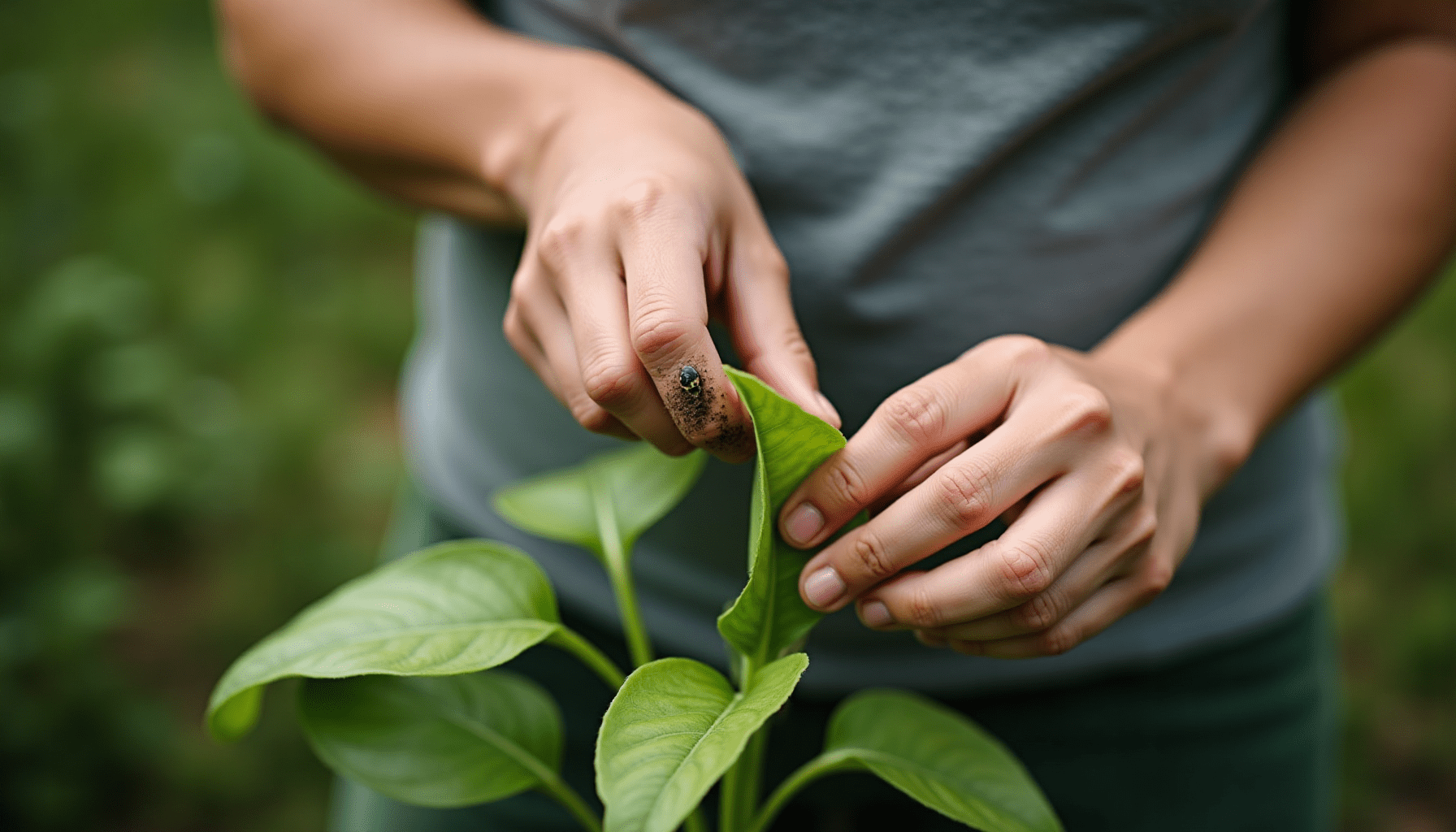 A gardener's hands inspecting a plant leaf for grasshopper damage, demonstrating natural grasshopper control methods.