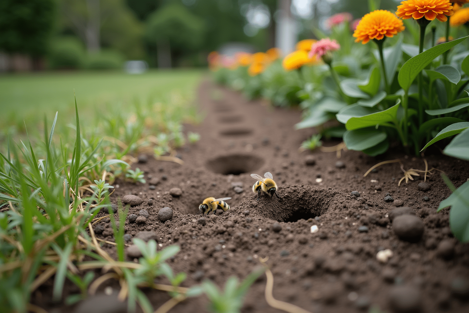 Garden scene depicting ground bee habitat with nesting holes and surrounding plants.
