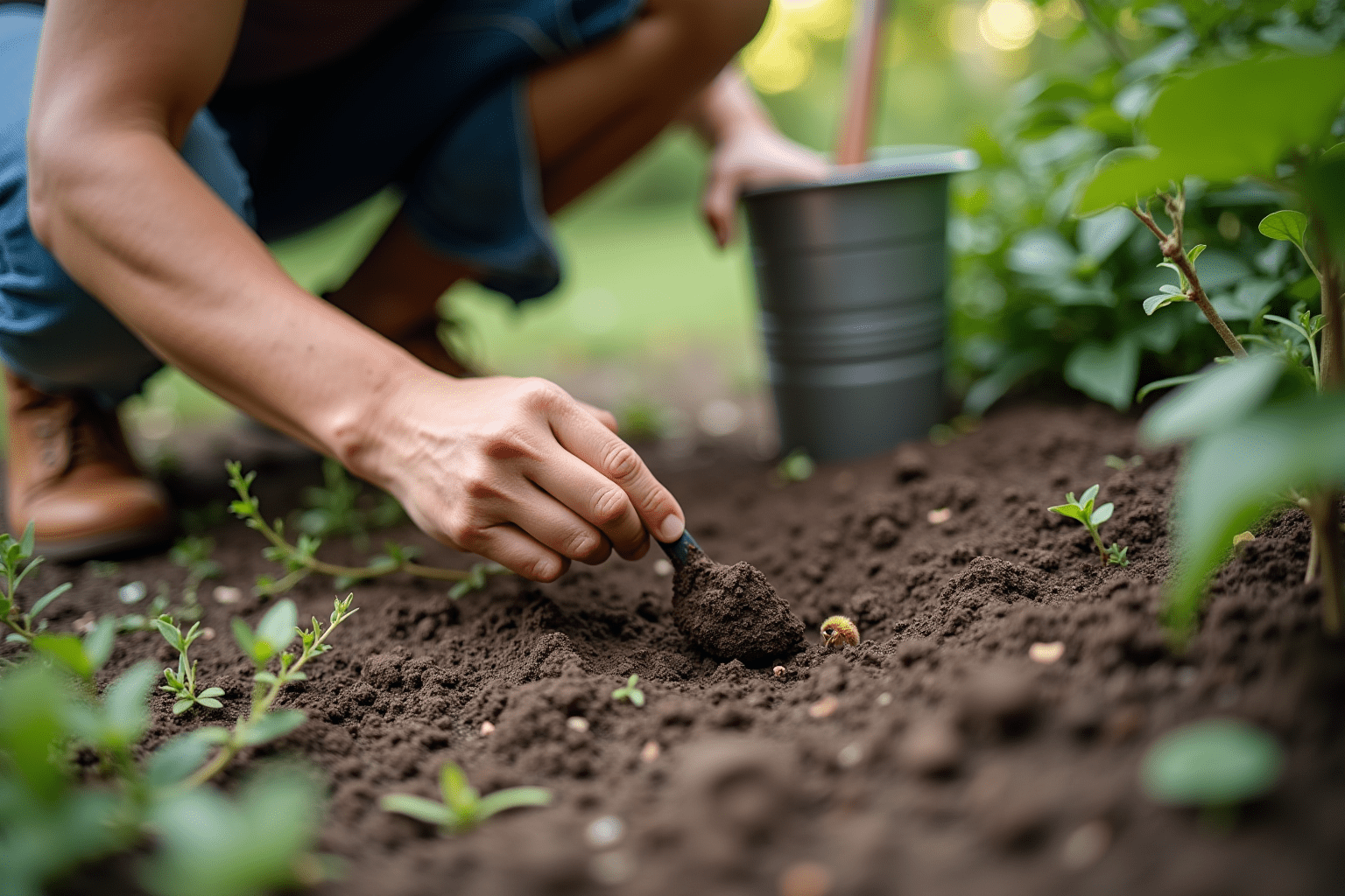 Individual examining ground bees in their garden, showcasing insect control practices.