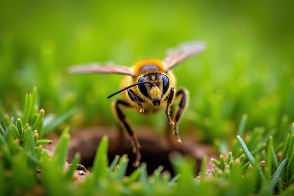 Close-up of a ground bee near its nest, highlighting bee identification features.