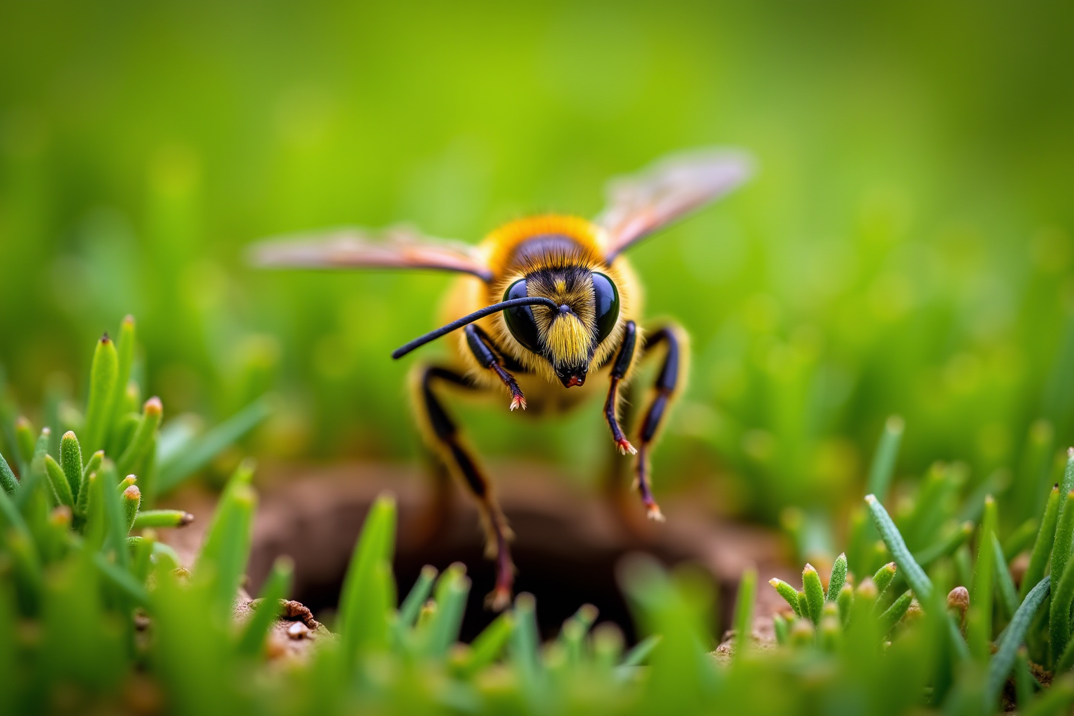 Close-up of a ground bee near its nest, highlighting bee identification features.