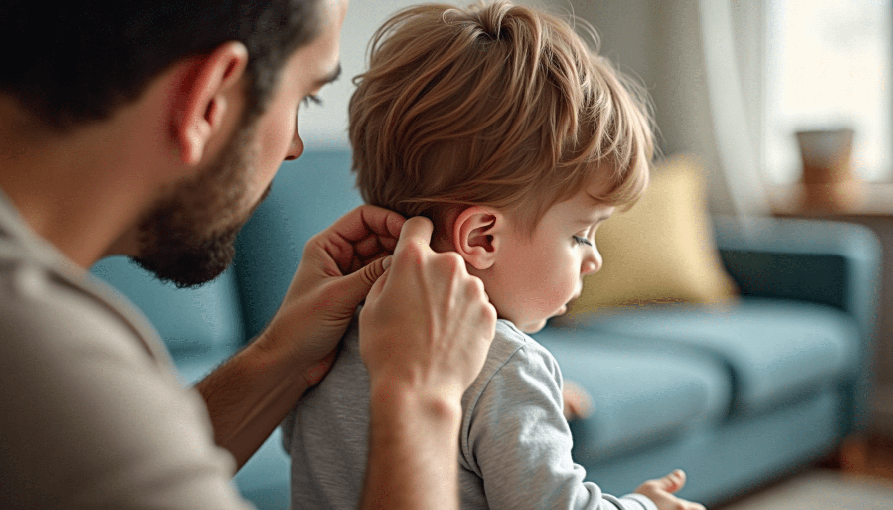 Parent gently parts child's hair, closely inspecting the scalp for head lice, lit by natural window light.