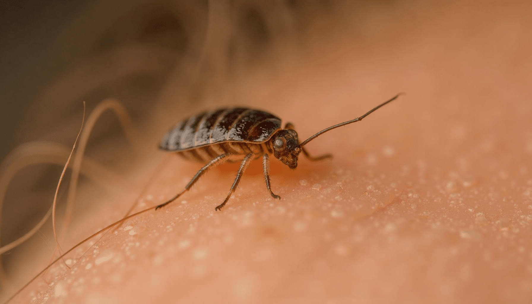 Extreme macro photo of a head louse gripping a human hair strand, showcasing its detailed anatomy for a guide on how to get rid of head lice.