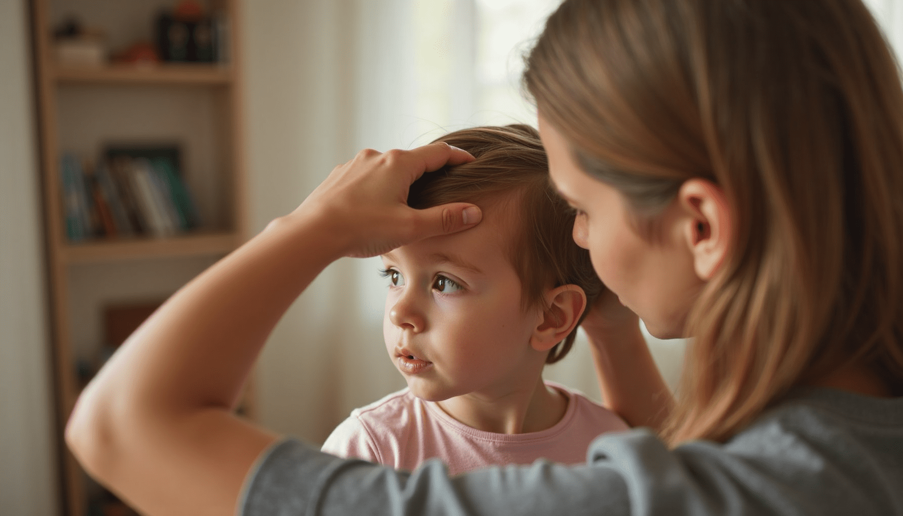 A parent gently parts their child's hair, inspecting for head lice in a candid, hyperrealistic photo, demonstrating a step in lice removal.