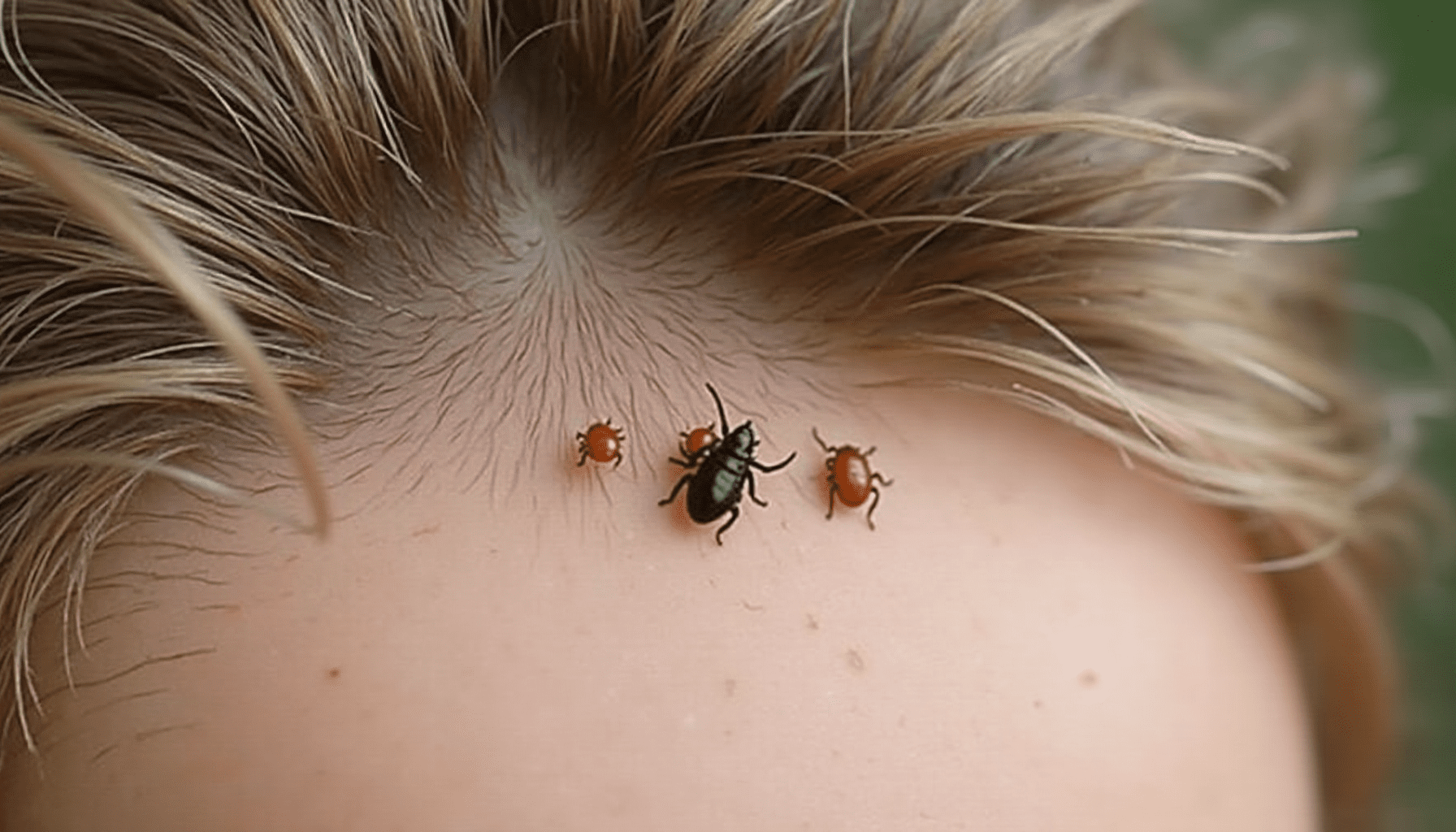 Close-up of human hair showing nits (lice eggs) attached to strands near the scalp, illustrating signs of a head lice infestation.