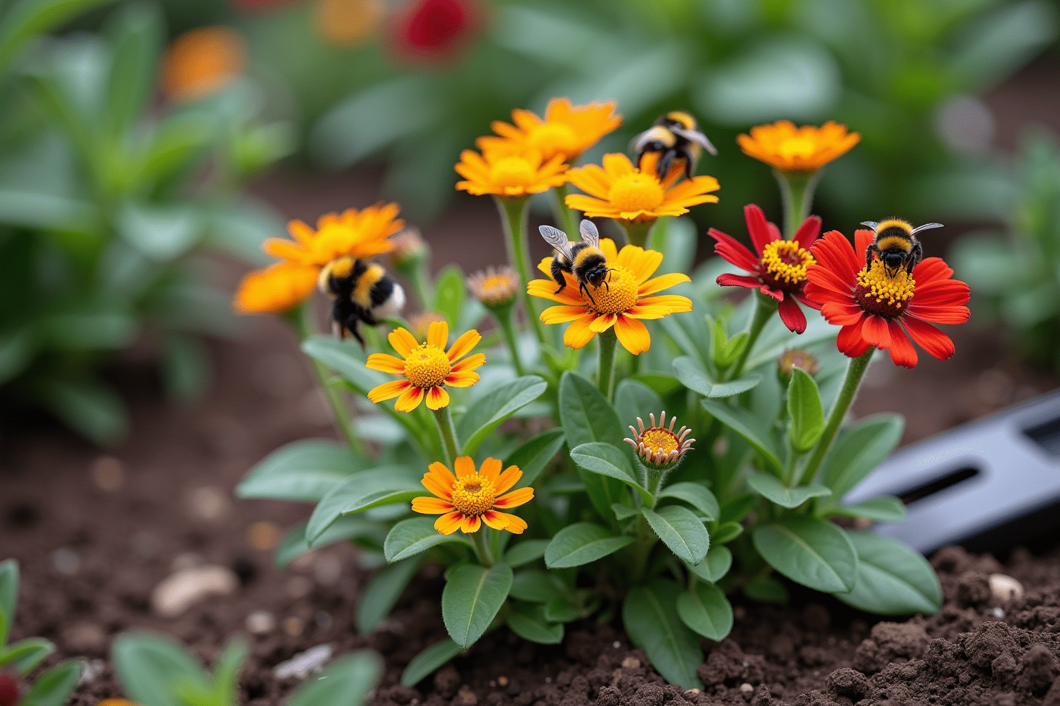 Garden scene with honey bees and bumble bees, highlighting bee identification and habitat.