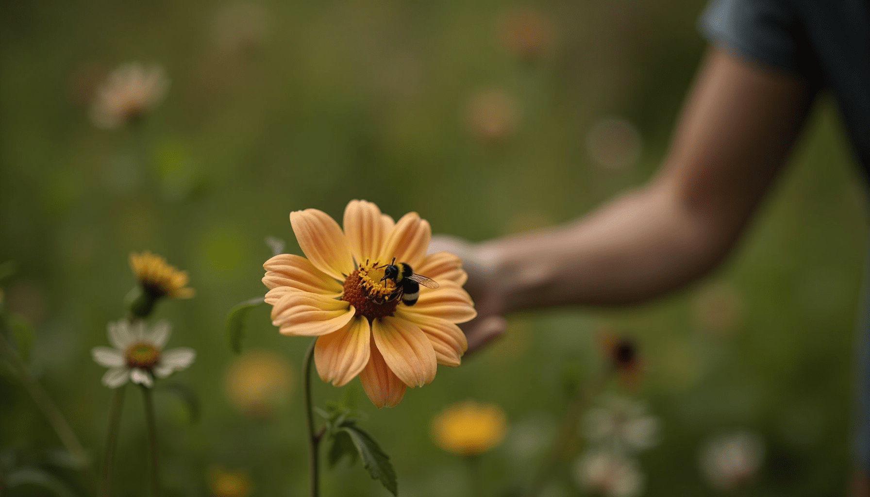 Person inspecting flowers, observing honey bee and bumble bee differences in the garden.