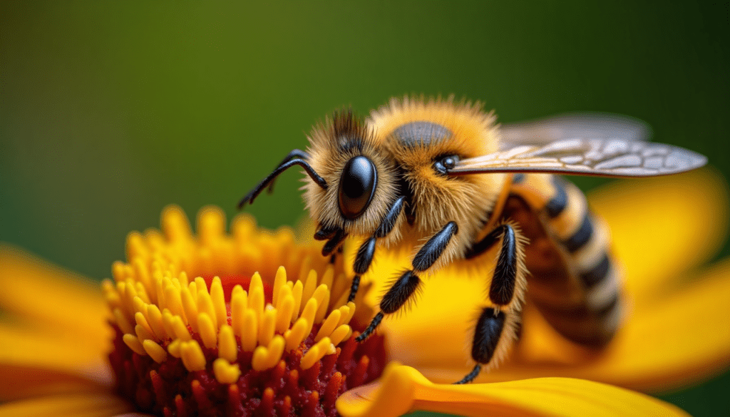 Close-up of a honey bee on a flower, showcasing bee differences and details.